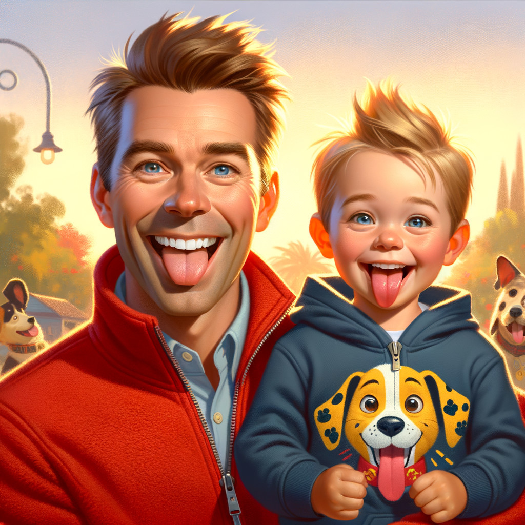 Cheerful man and boy play in vibrant outdoor setting