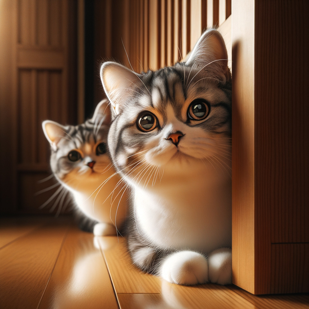 Fluffy Kittens Curiously Peeking from Wooden Door