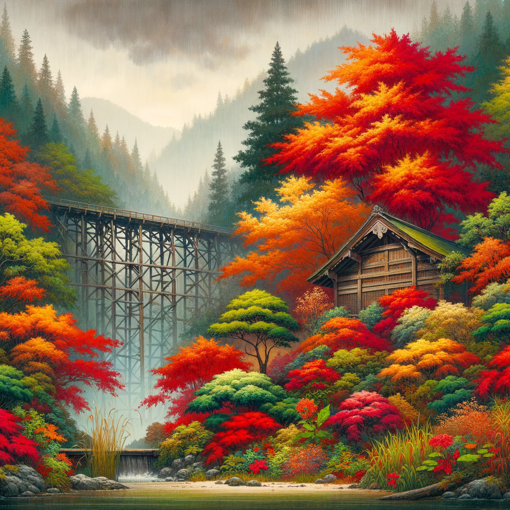 Autumn Landscape with Vibrant Foliage and Cabin
