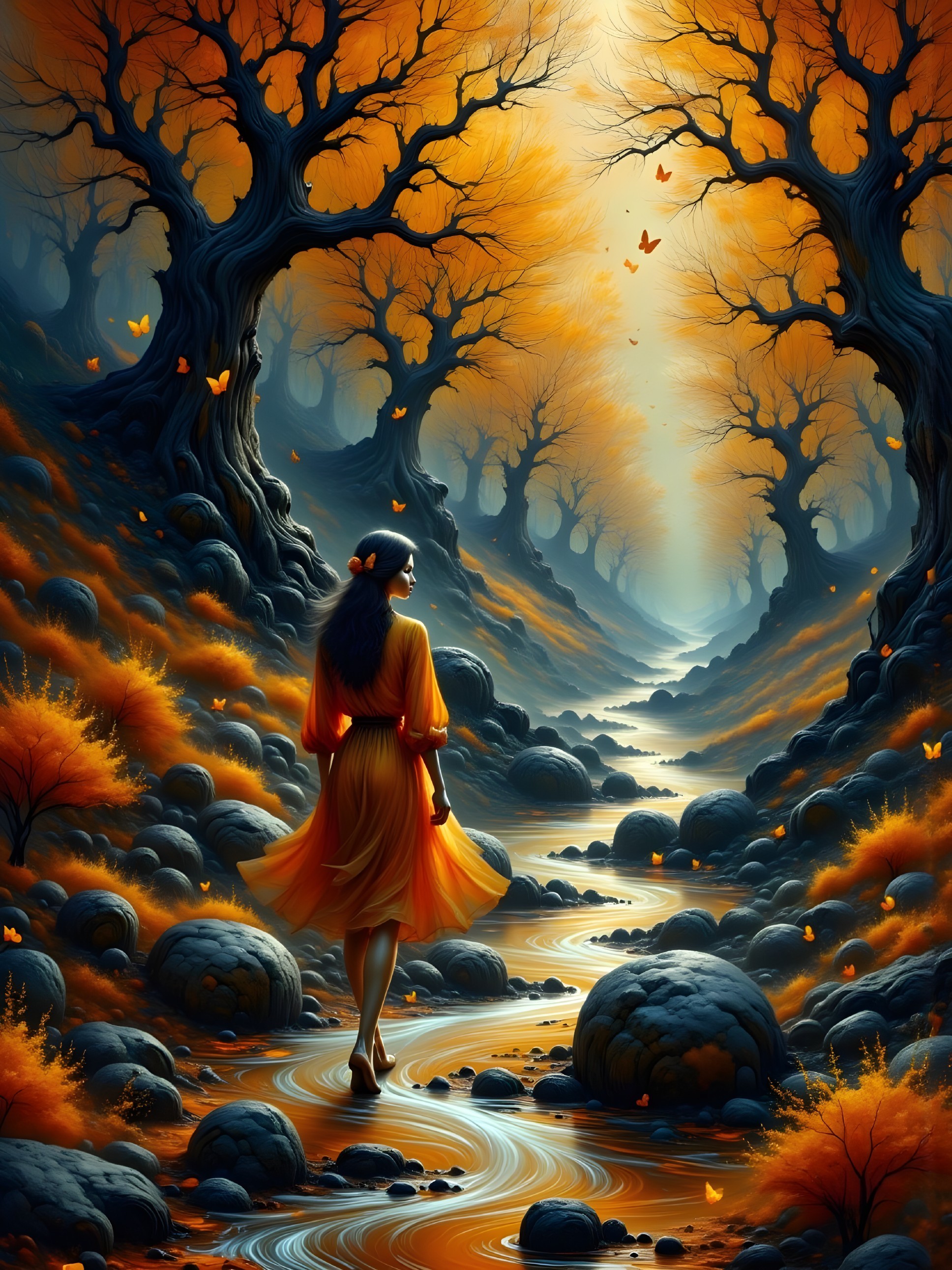 Solitary Figure in Orange Dress by Tranquil Stream