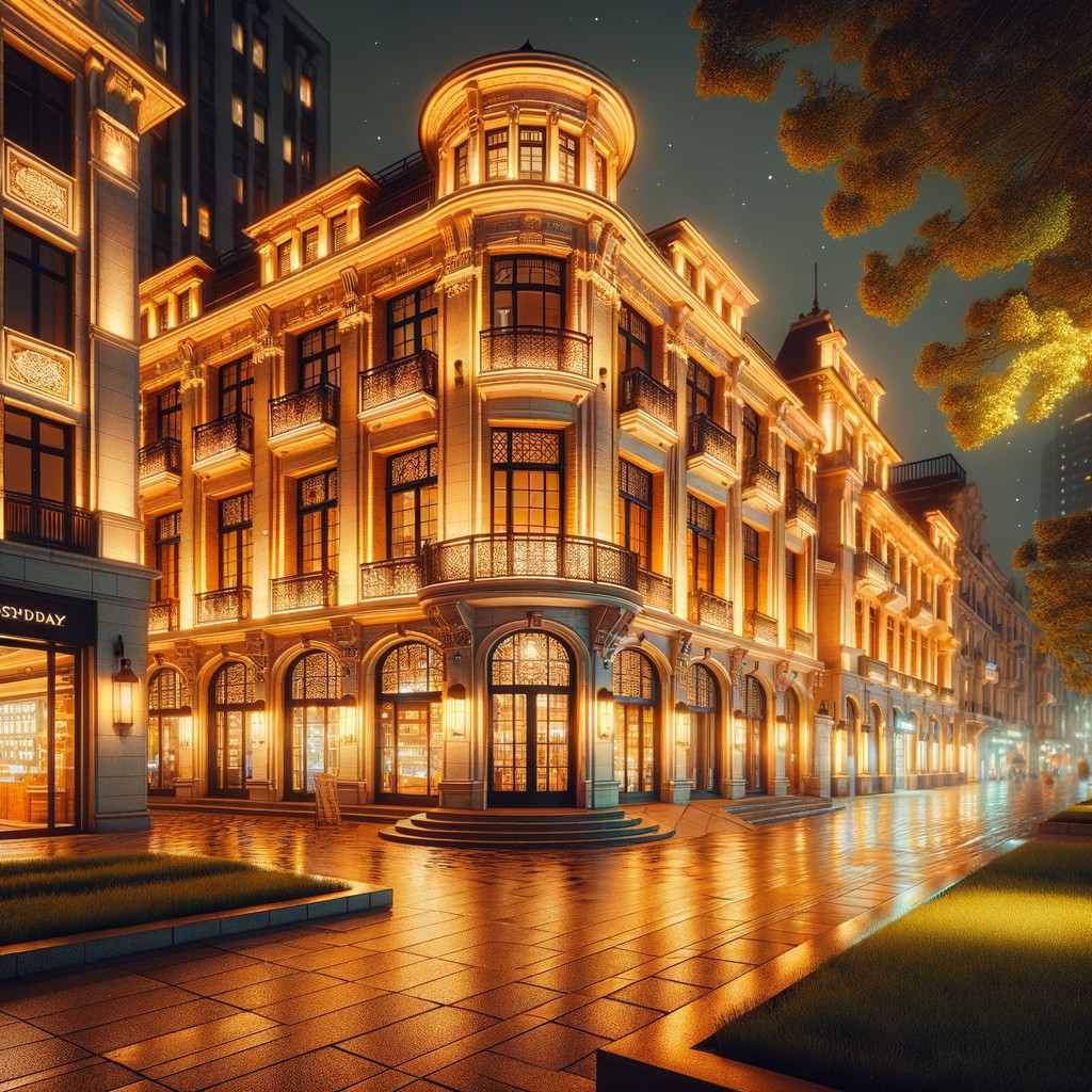 Architectural Marvel Illuminated at Night with Details