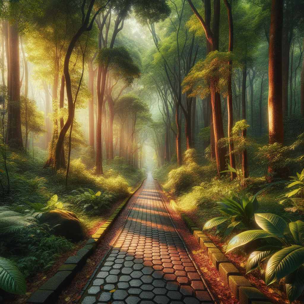 Serene Forest Pathway with Lush Trees and Ferns