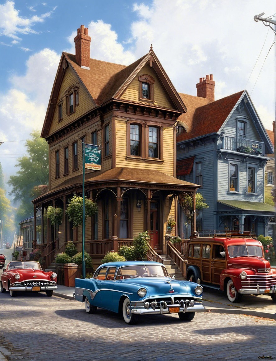 Vintage Cars and Colorful Houses in Charming Street Scene
