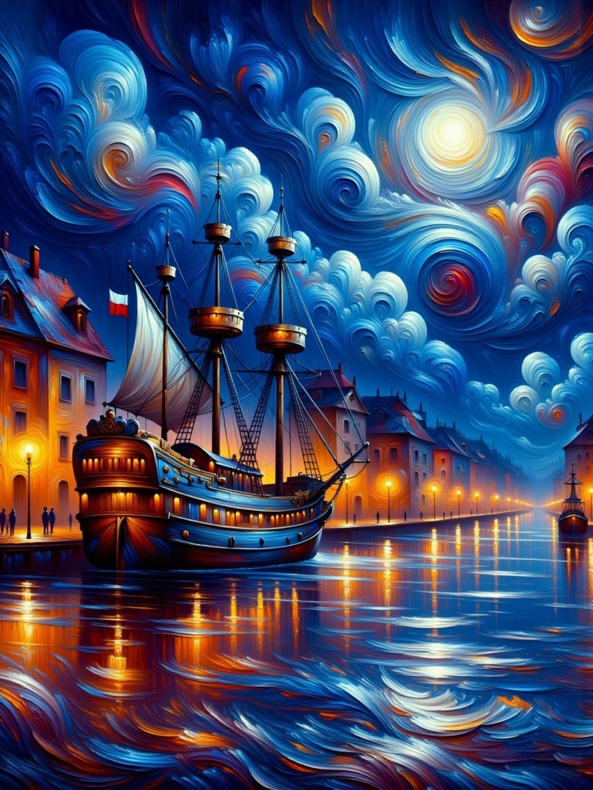 Vibrant Night Scene with Majestic Ship and Waterfront