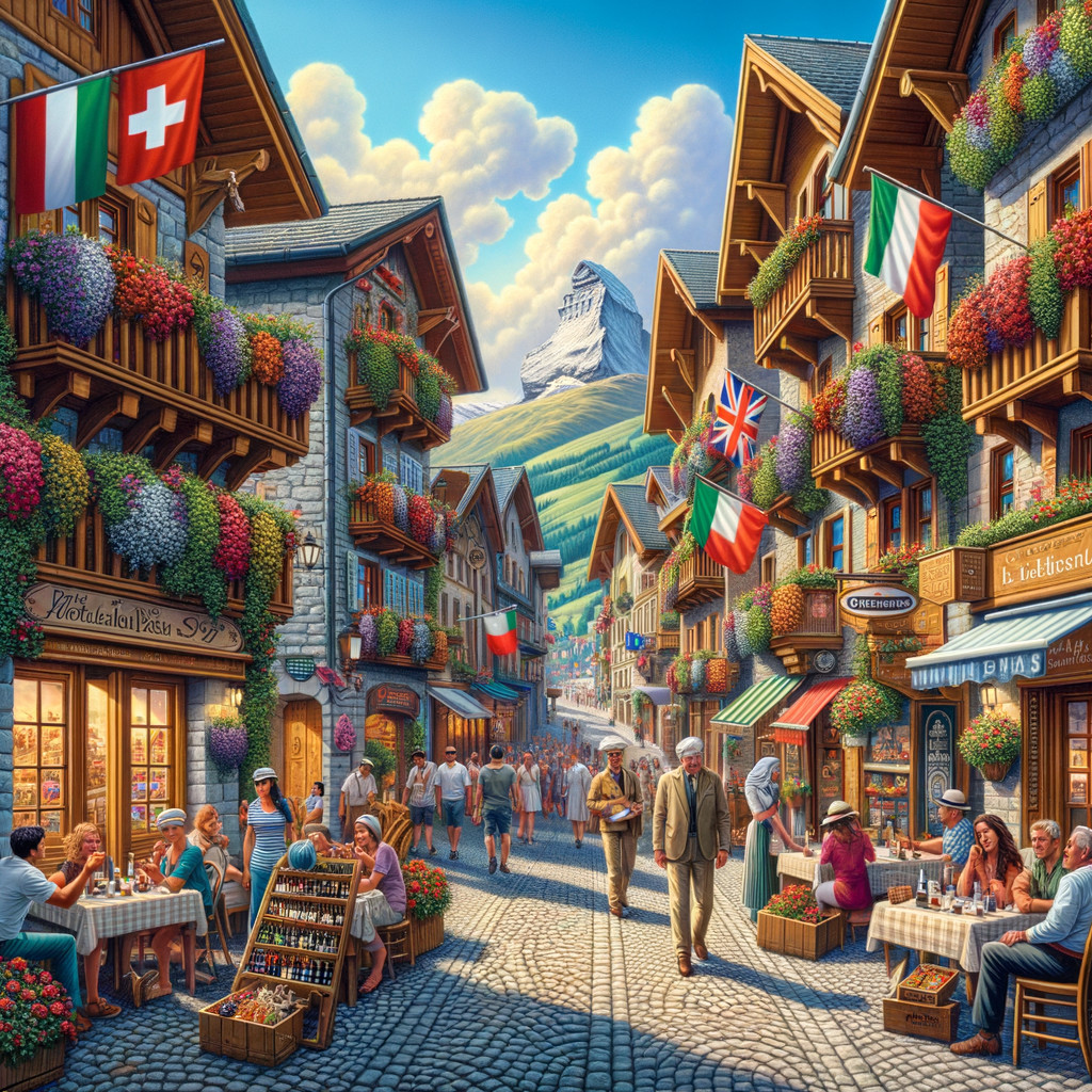 Charming Mountain Village with Flower Boxes and Cafes