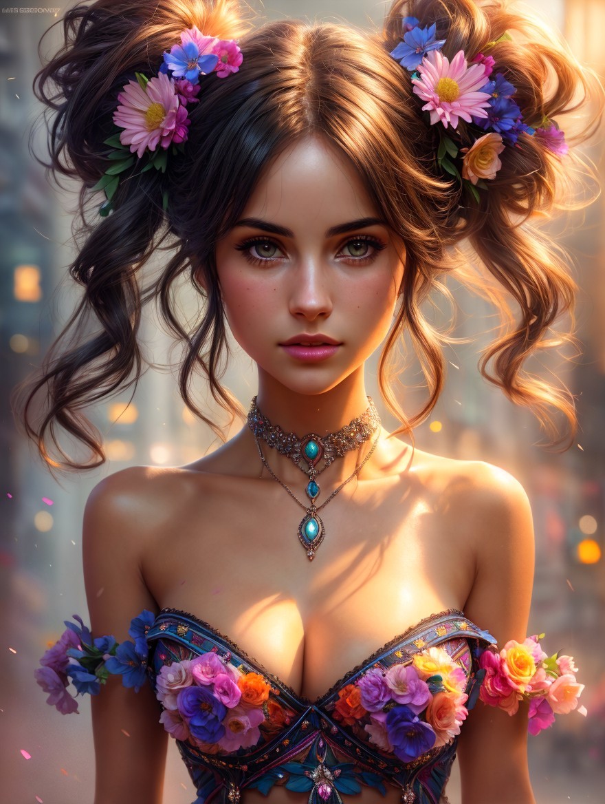 Young woman with curly hair and floral attire