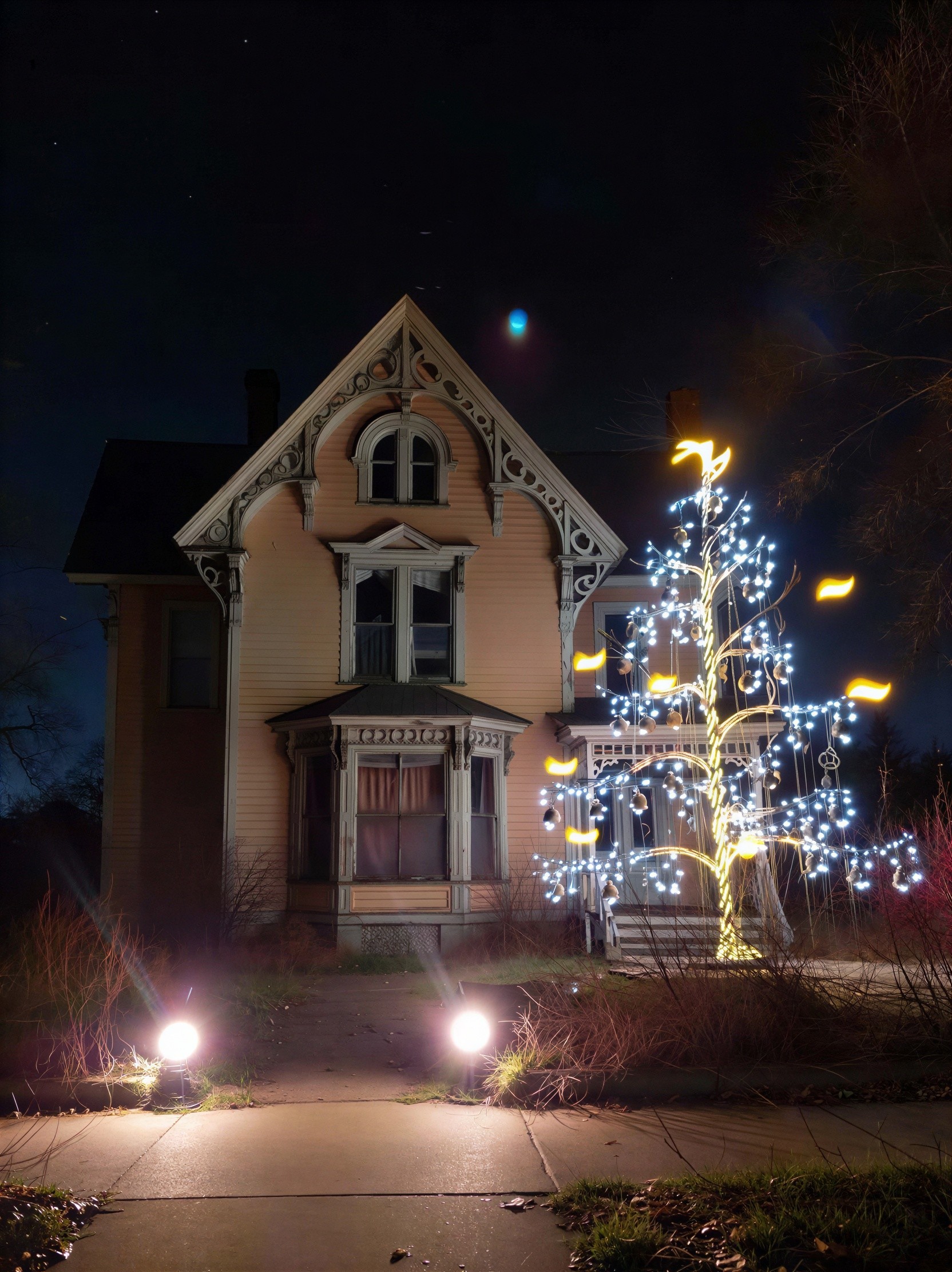 Victorian-style light orange house with decorative features