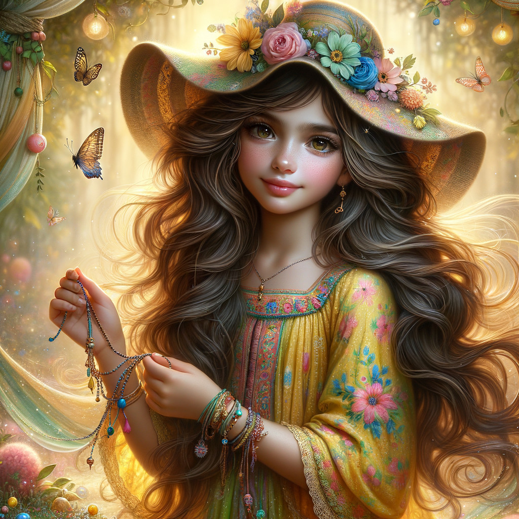 Young girl in floral dress in enchanted setting