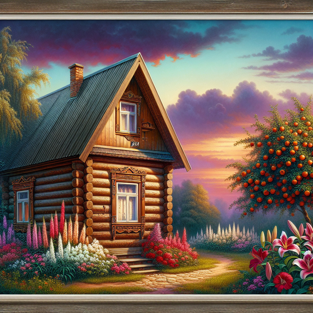 Wooden Cottage Surrounded by Flower Gardens at Sunset