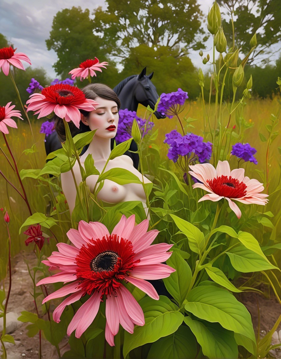 Lush Meadow with Vibrant Flowers and Black Horse
