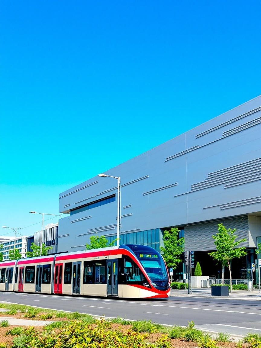 Modern Tram on a Vibrant City Street with Trees