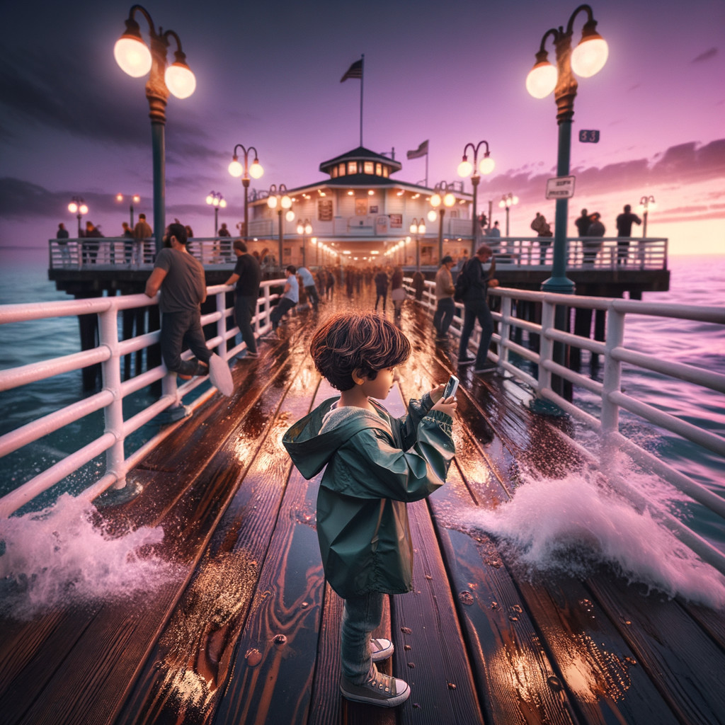 Child on Pier at Sunset with Vibrant Atmosphere
