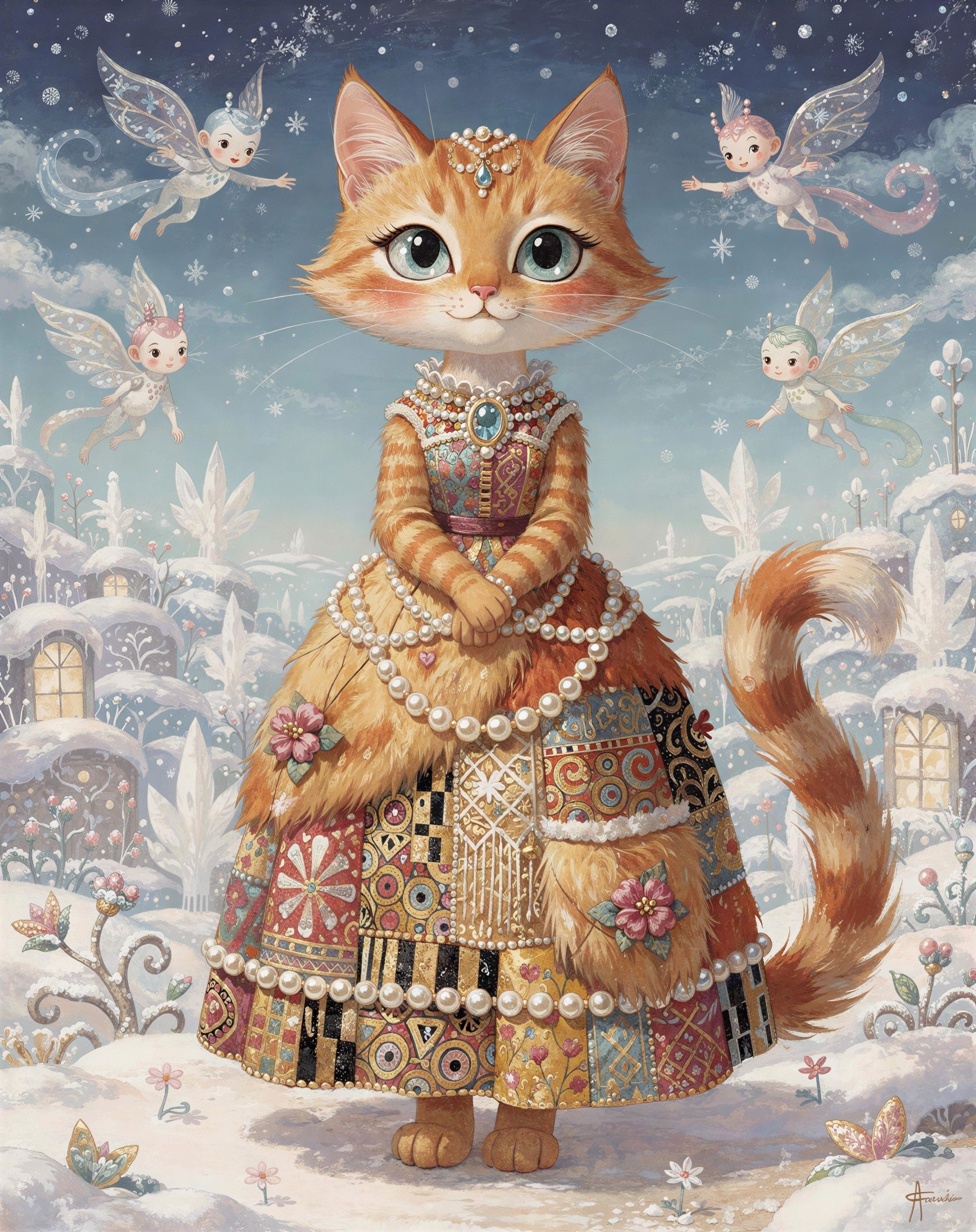 Ginger Cat in Ornate Dress Surrounded by Fairies
