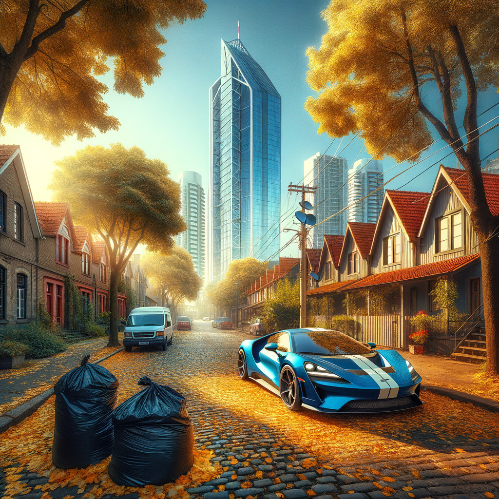 Blue Sports Car on Autumn Street with Skyscrapers