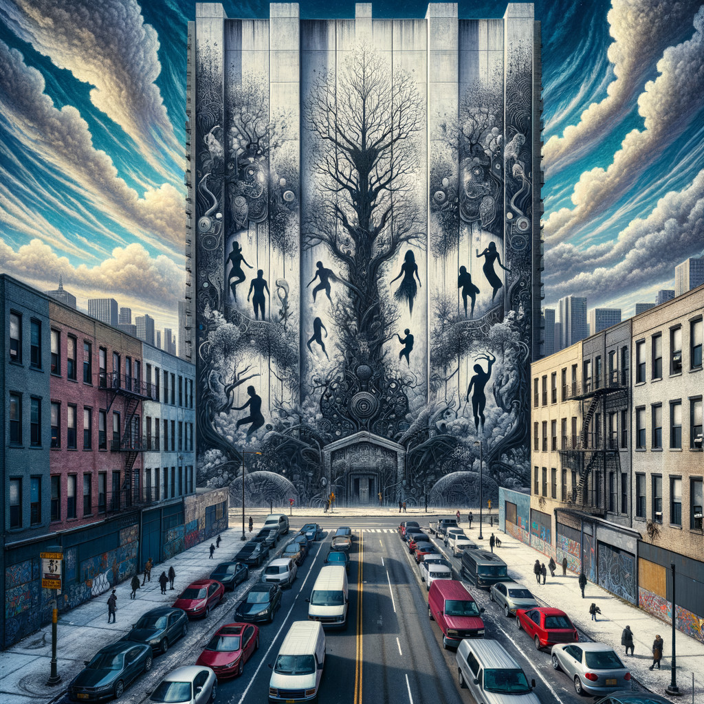 Urban Mural of Intricate Tree and Surreal Designs