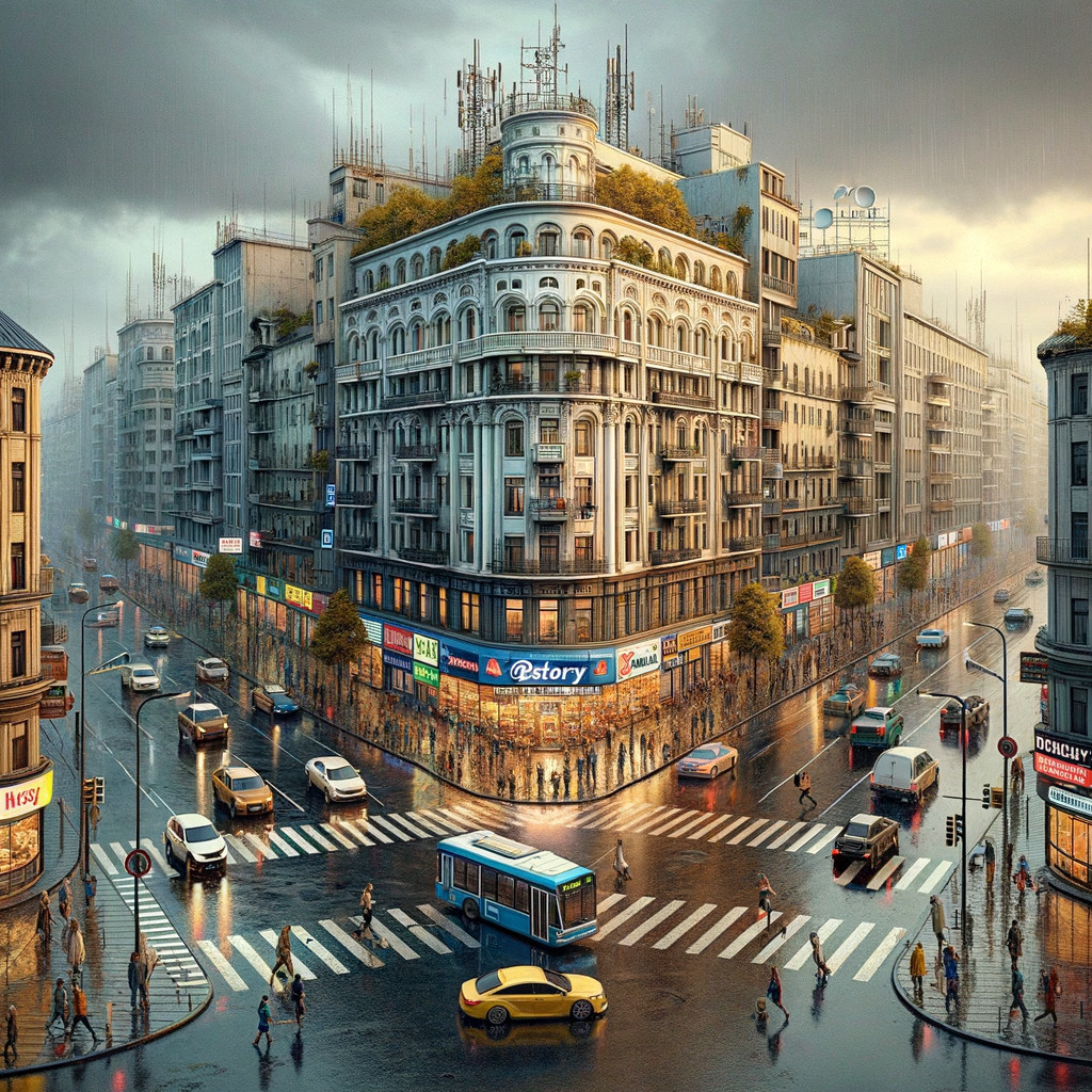 Rainy Urban Scene at Dusk with Busy City Streets