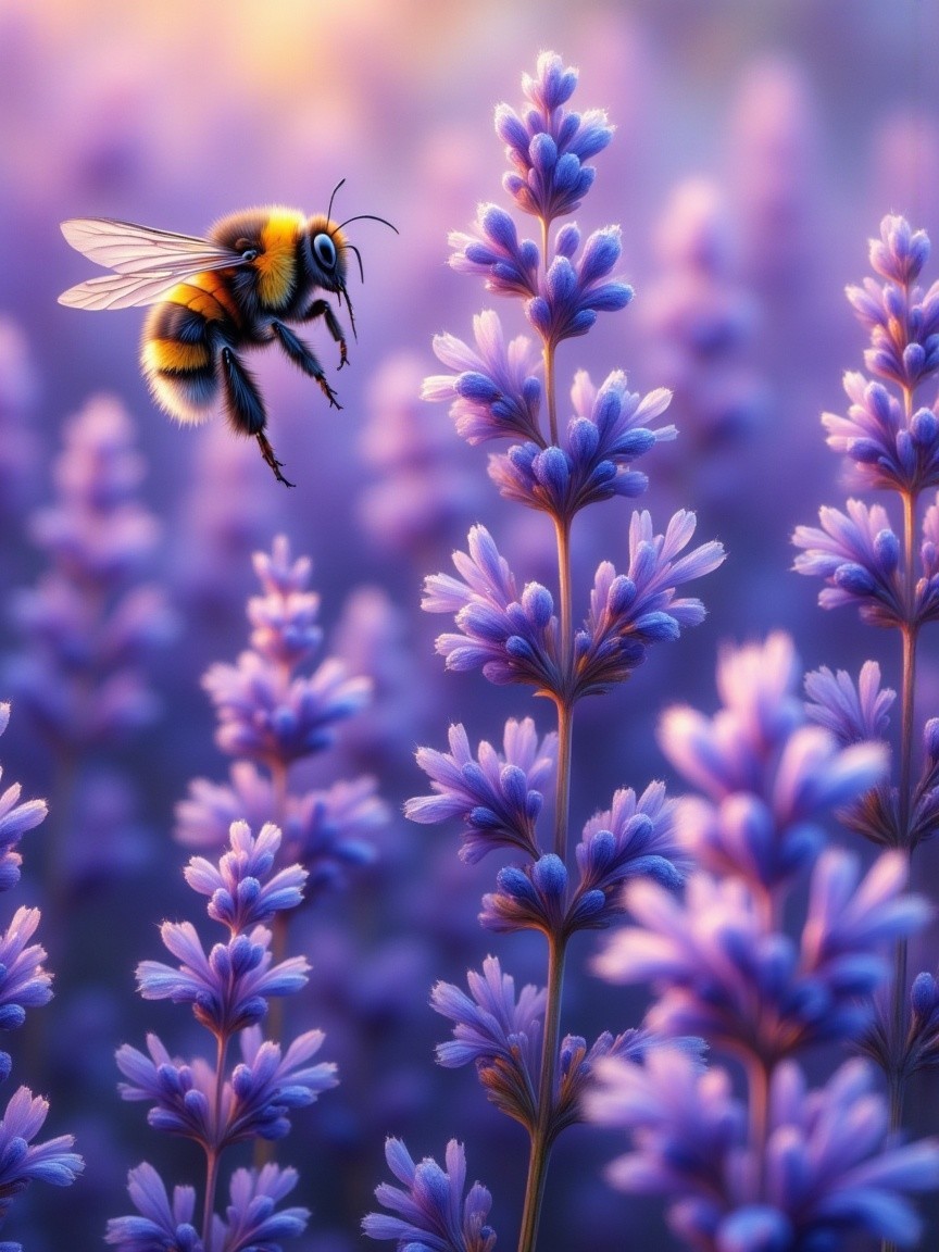 Bee Above Delicate Purple Flowers in Soft Sunlight