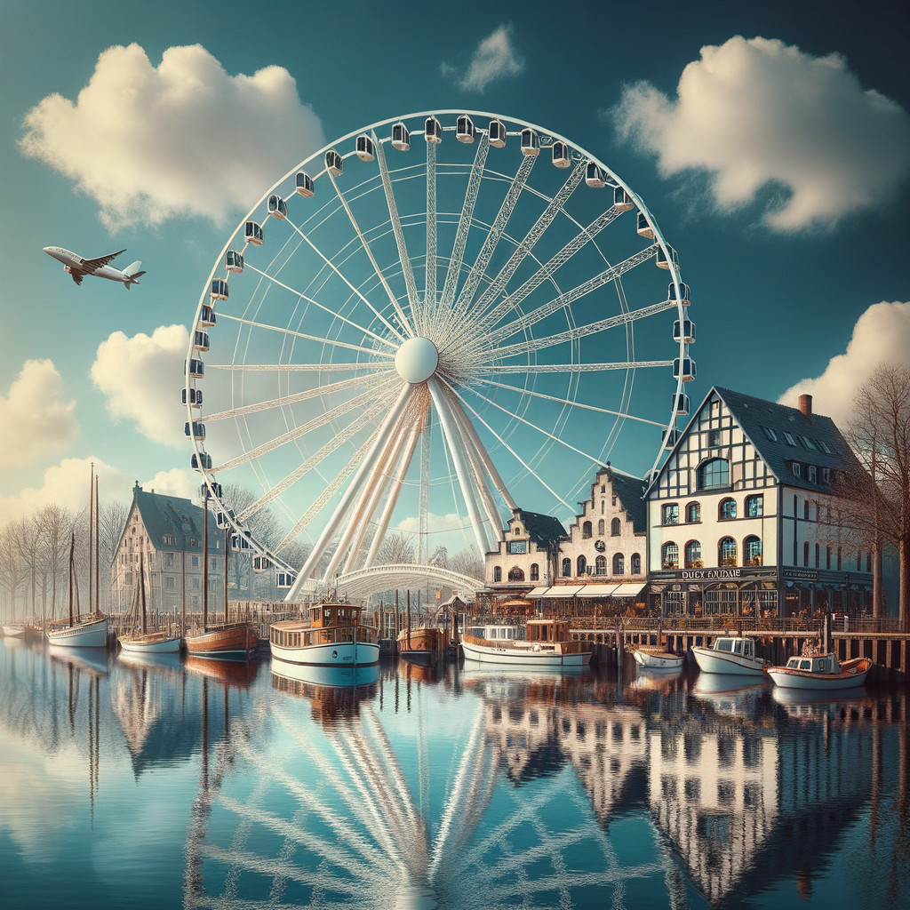 Picturesque harbor with Ferris wheel and boats