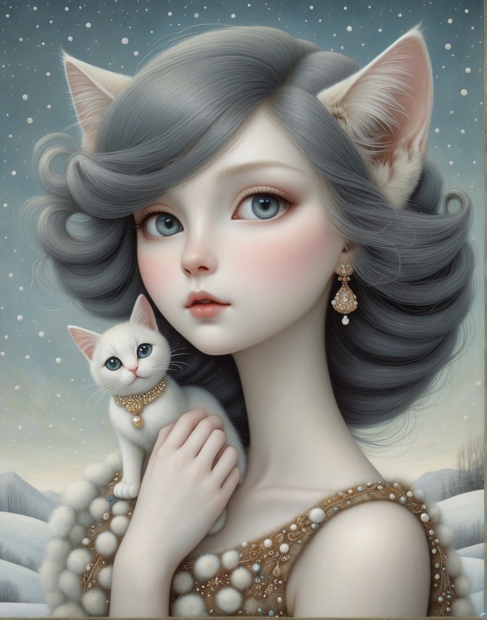 Digital Painting of Anime Cat Girl in Winter Scene