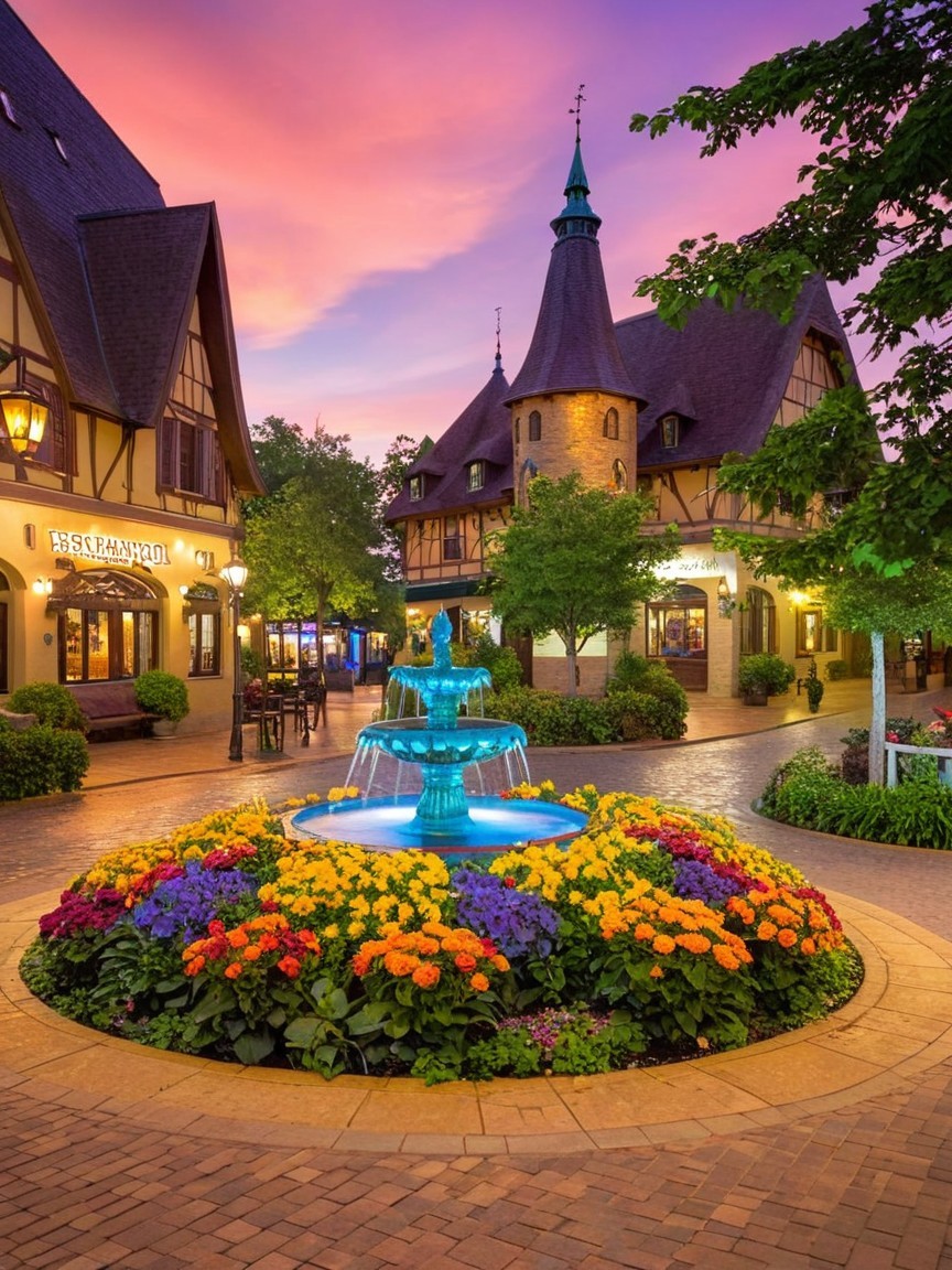 Charming Village Scene with Colorful Flower Bed and Fountain