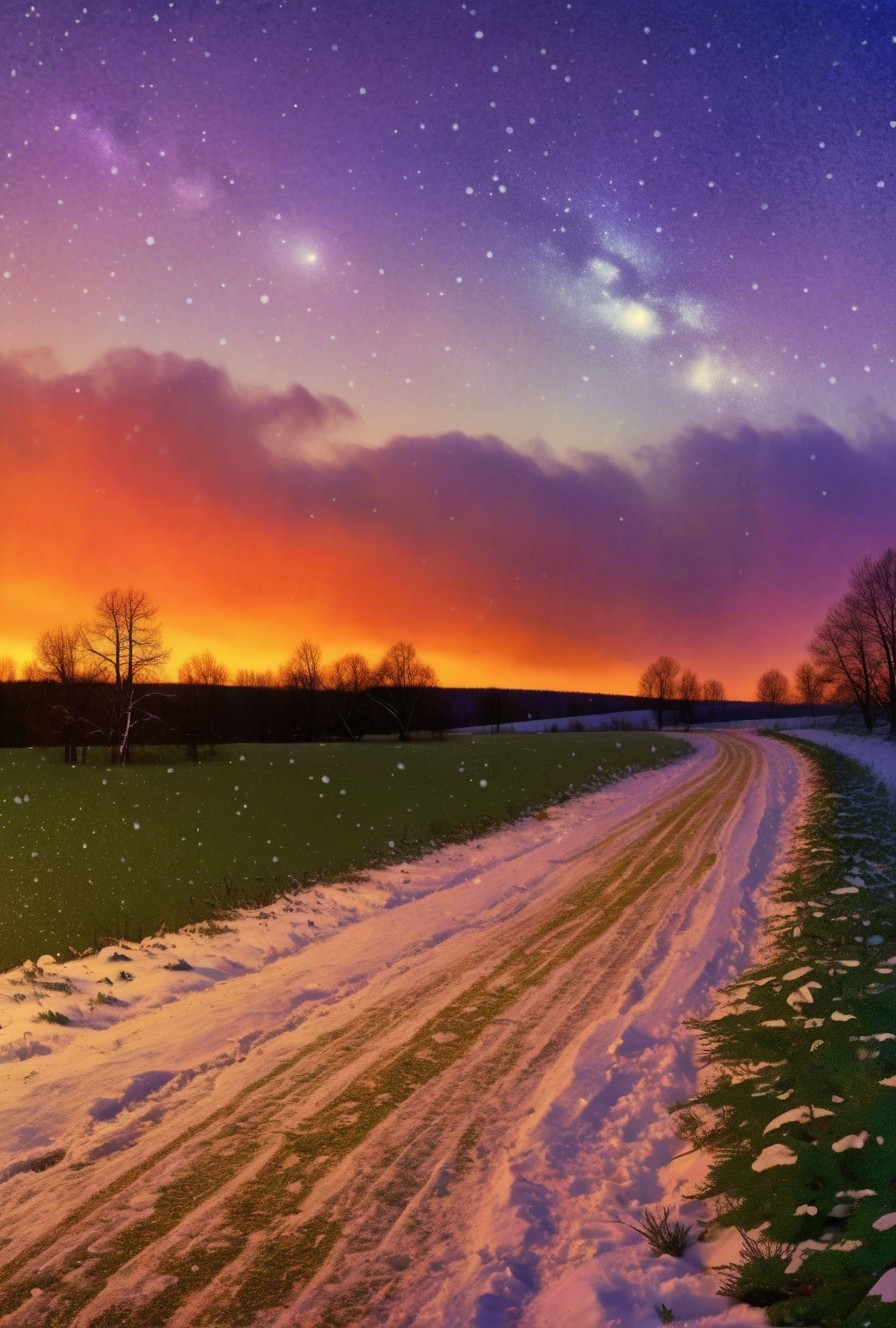 Vibrant Snowy Road Under Colorful Sunset Sky