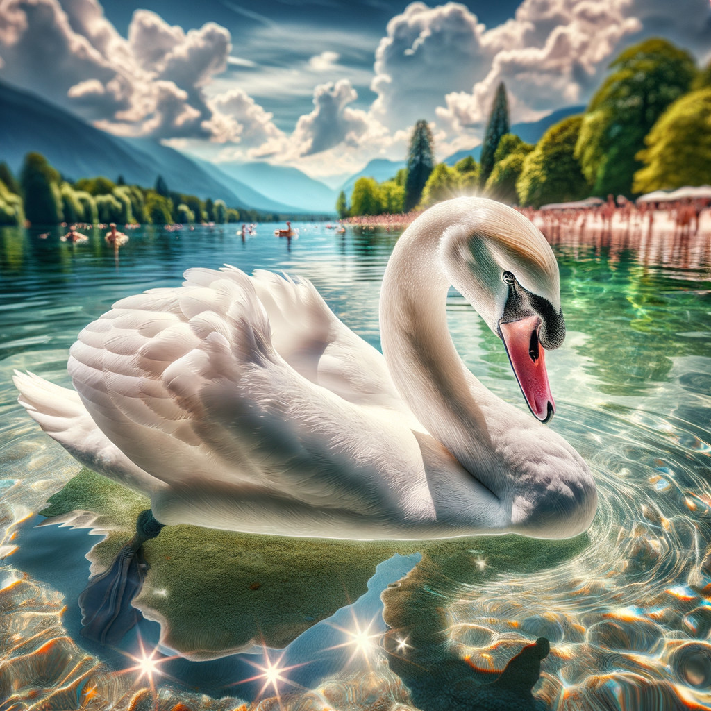 Swan Gliding on a Turquoise Lake with Mountains