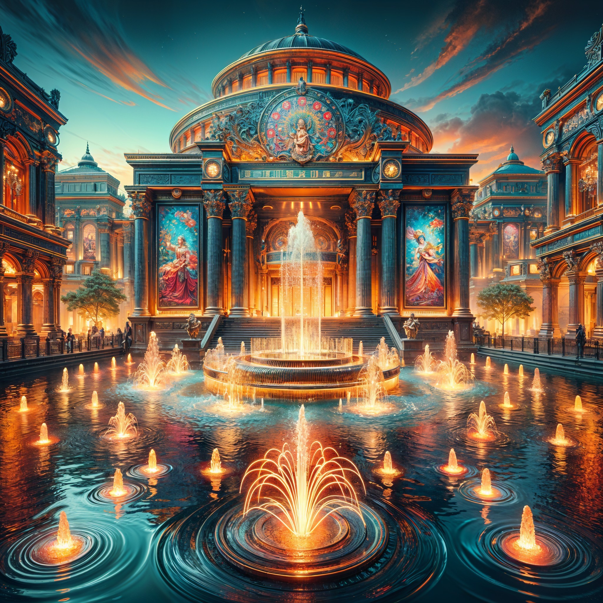 Opulent Classical Structure by Reflective Pond and Fountain