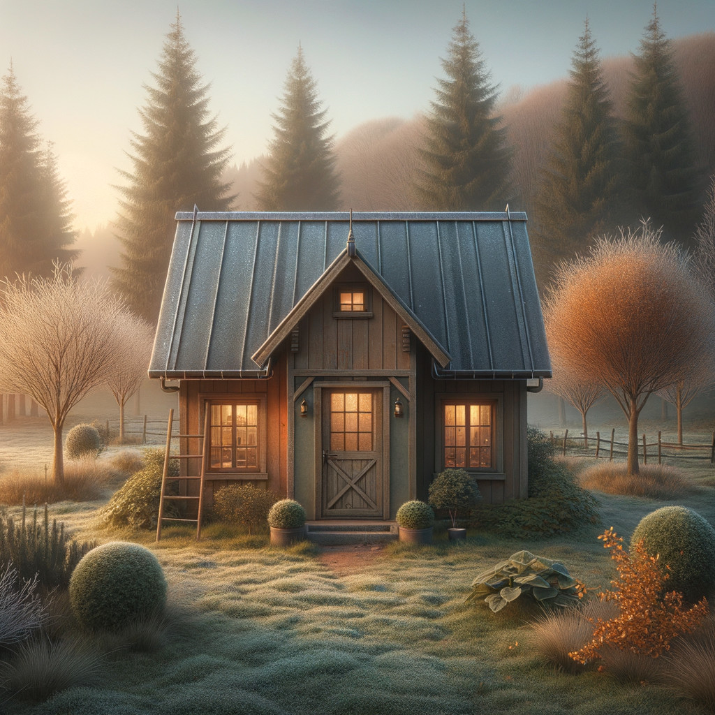 Wooden cabin in serene landscape with greenery and fog