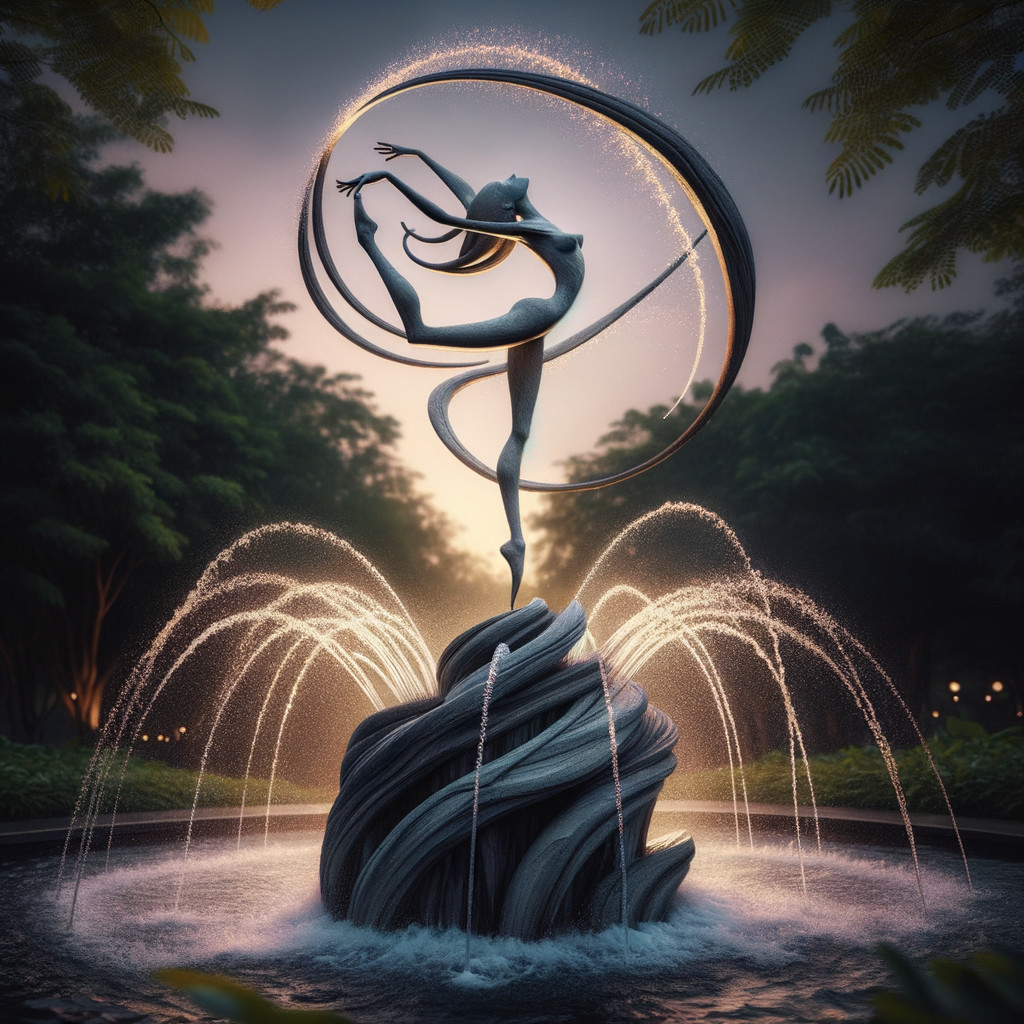 Sculpture of a dancer in mid-leap with water fountains