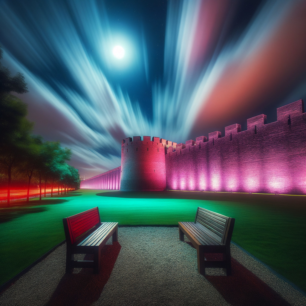 Nighttime Scene of Benches and Illuminated Castle