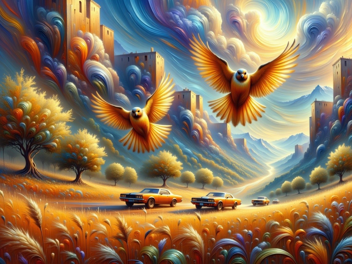 Vibrant landscape with hills, birds, and whimsical structures