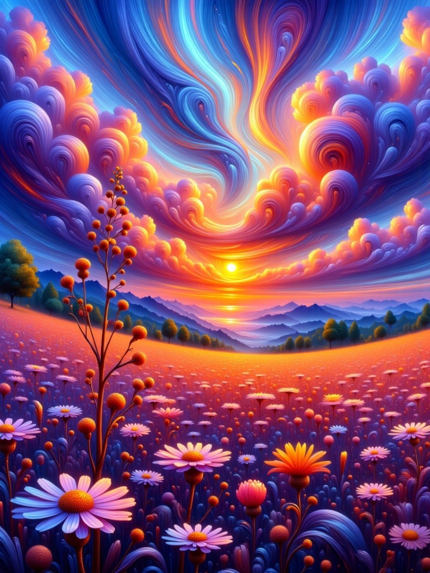Vibrant sunset over a meadow with wildflowers and mountains
