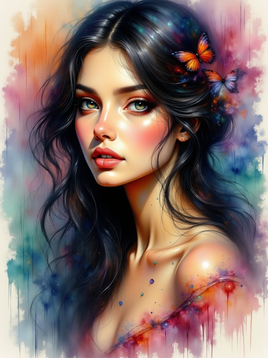 Portrait of a Young Woman with Butterflies and Flowers