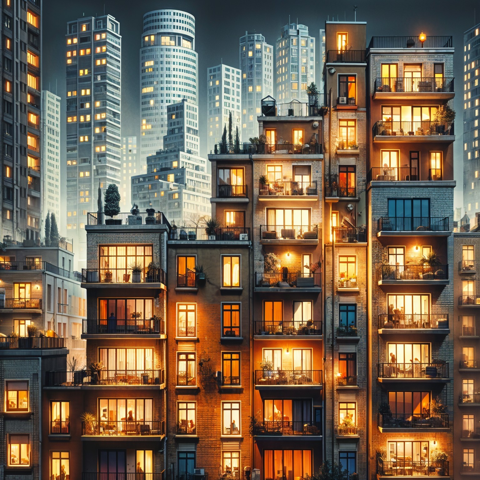 Vibrant City Skyline with Illuminated Apartment Building