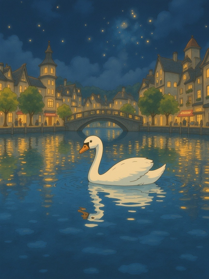 Serene Night Scene with Swan on Moonlit Lake