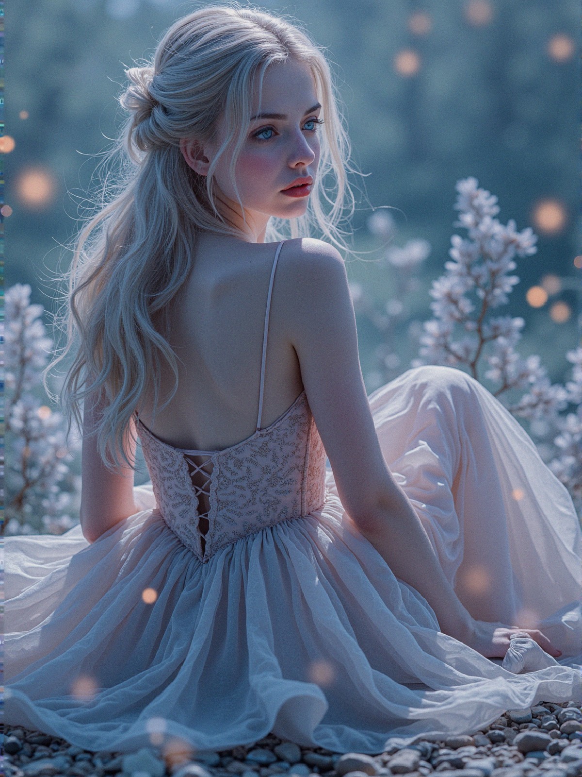Young woman in delicate gown on pebble surface