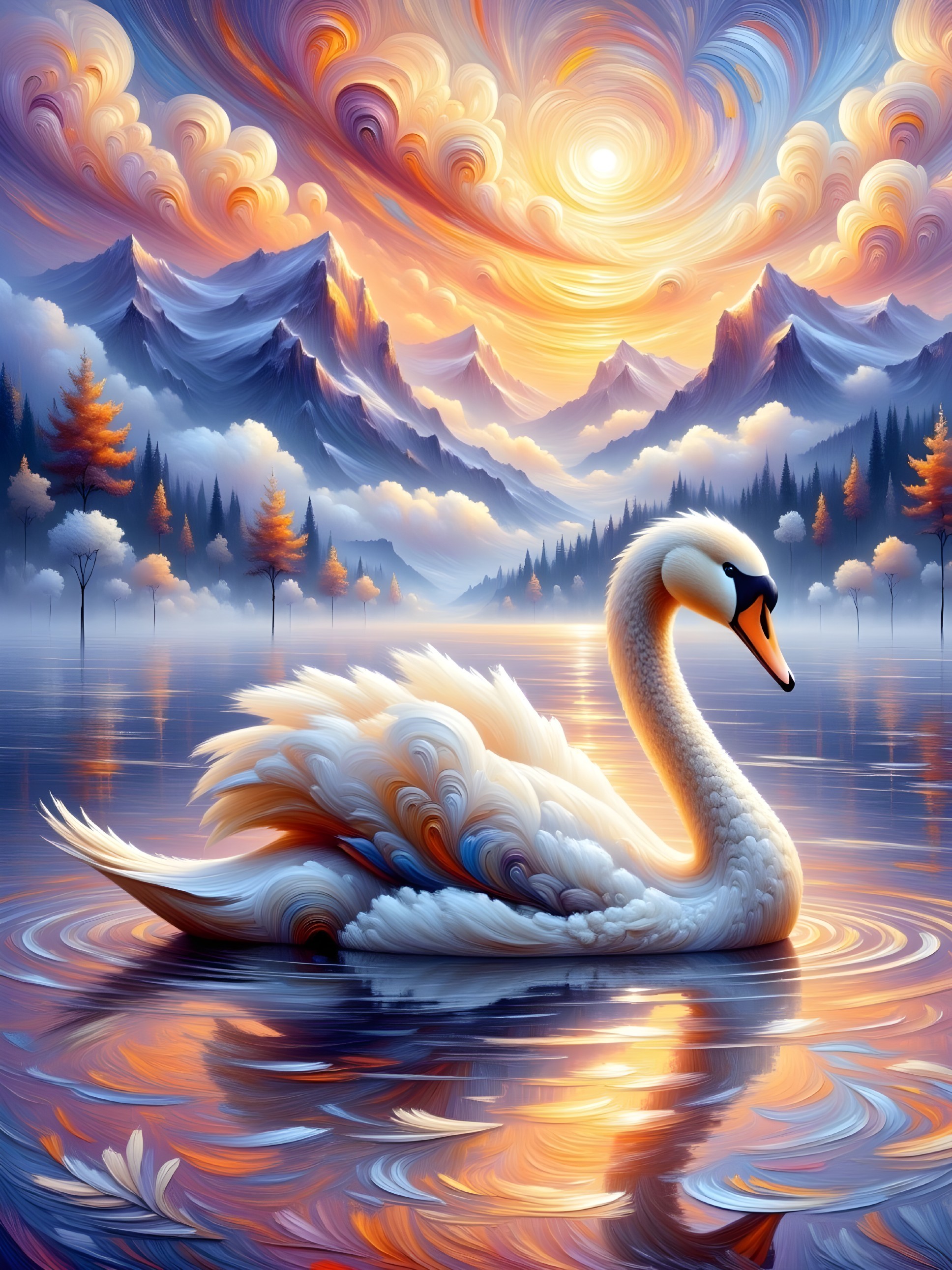 Swan Gliding on Lake at Sunset with Mountain View