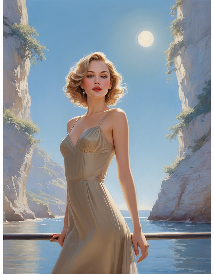 Elegant Woman in Gold Dress by Serene Water and Cliffs