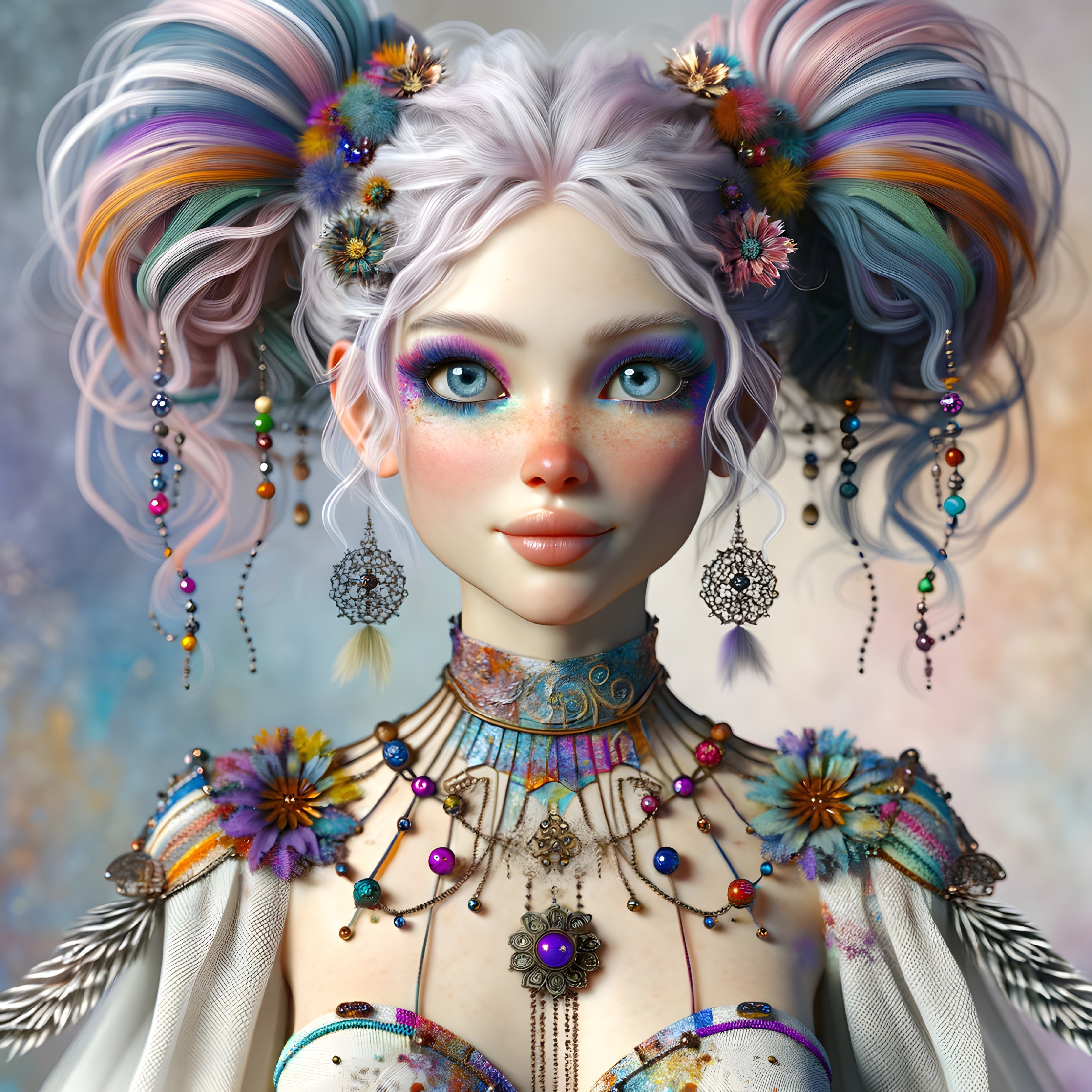 Whimsical Character with Vibrant Pastel Hair and Makeup