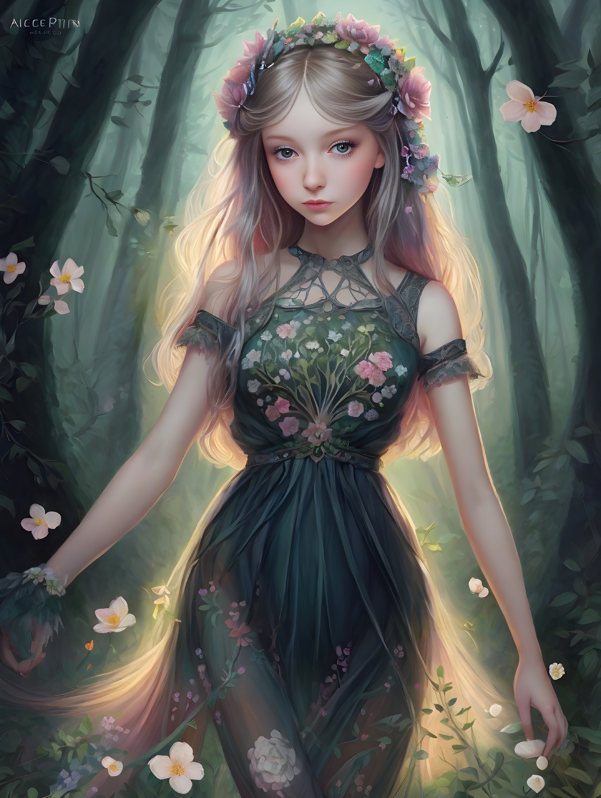 Young woman in dark green dress in enchanted forest