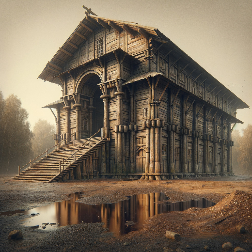 Grand Wooden Structure in Misty Landscape Setting