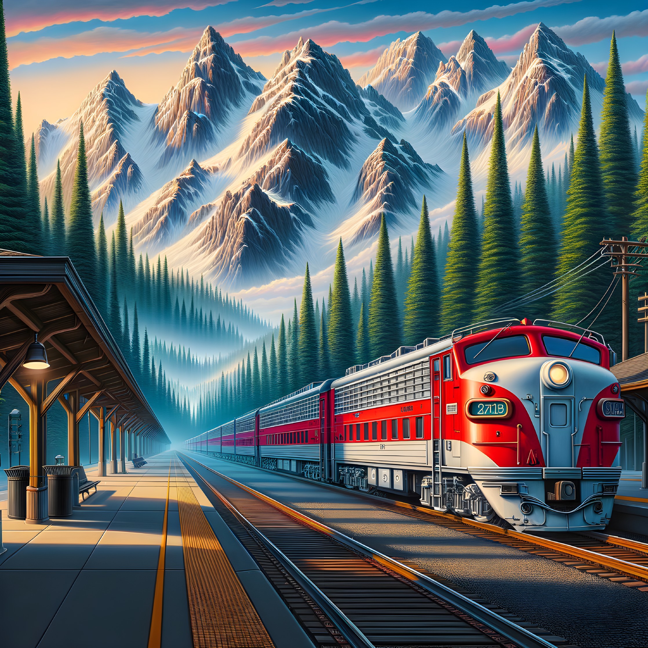 Vintage red train at rustic station with mountains