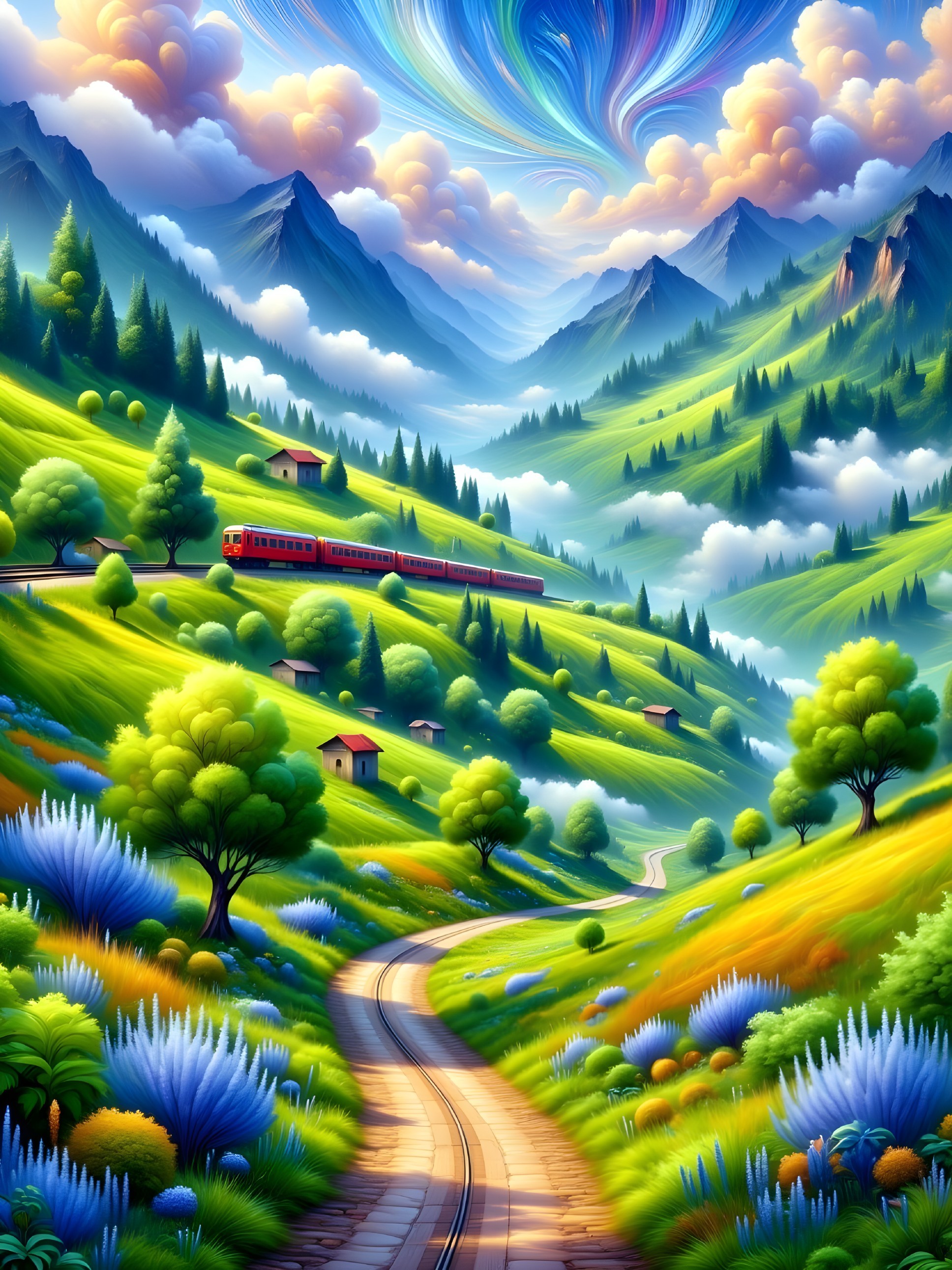 Vibrant Landscape with Rolling Hills and Colorful Clouds