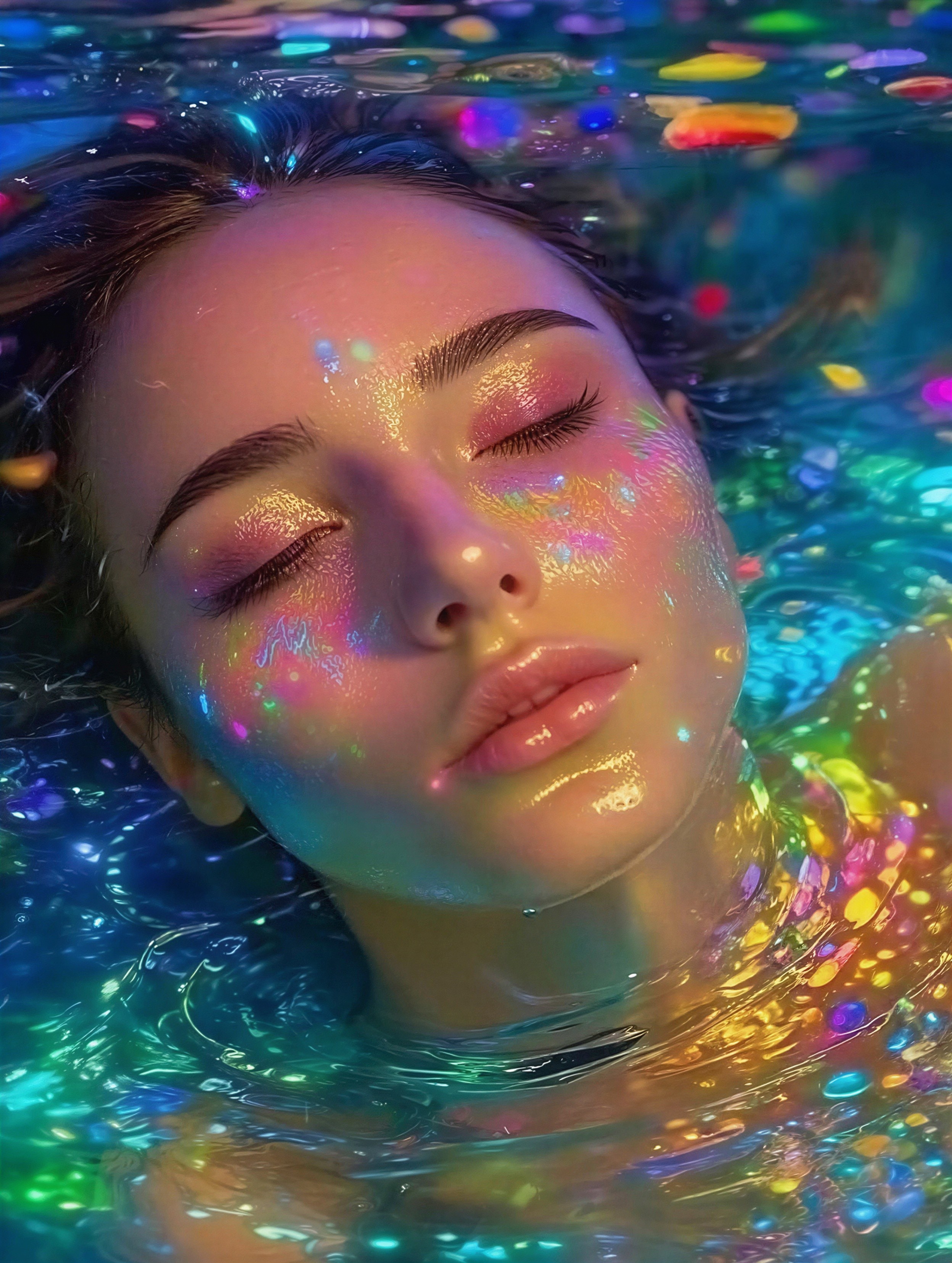 Close-up of a person submerged in shimmering water