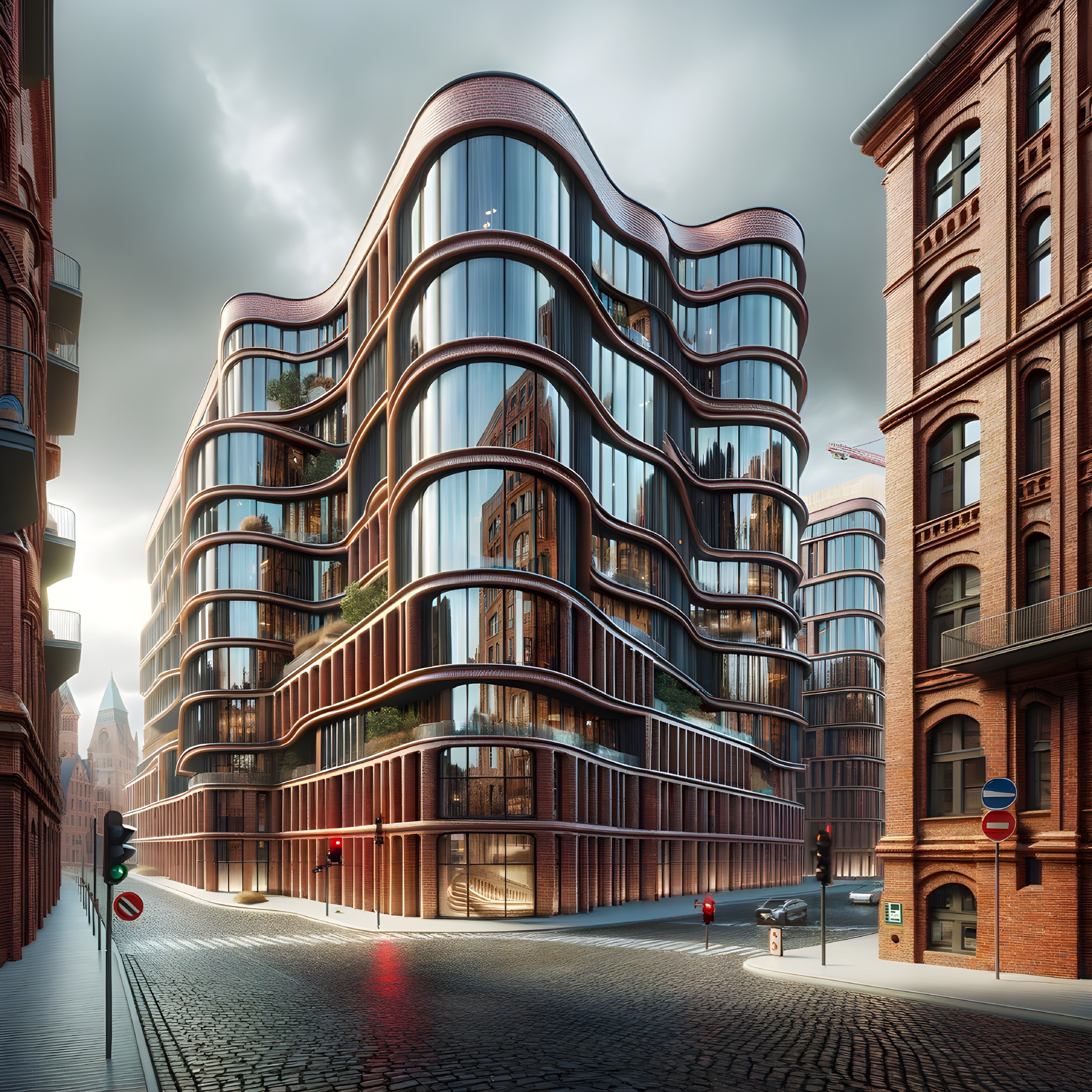 Modern Building with Undulating Glass and Brick Facade