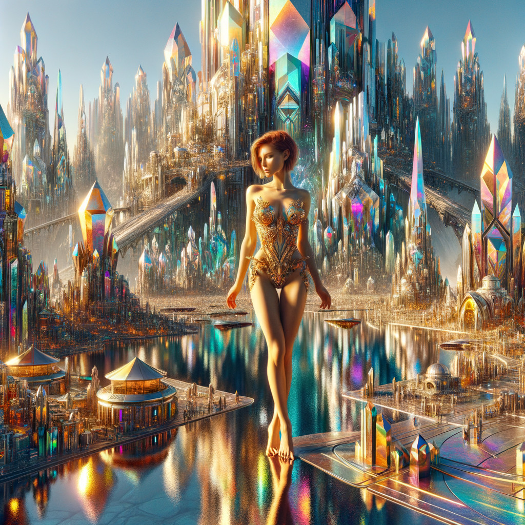 Futuristic landscape with crystalline structures and figure
