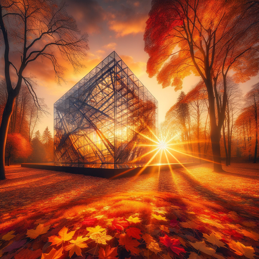 Modern Glass Structure in Autumn Grove at Sunset