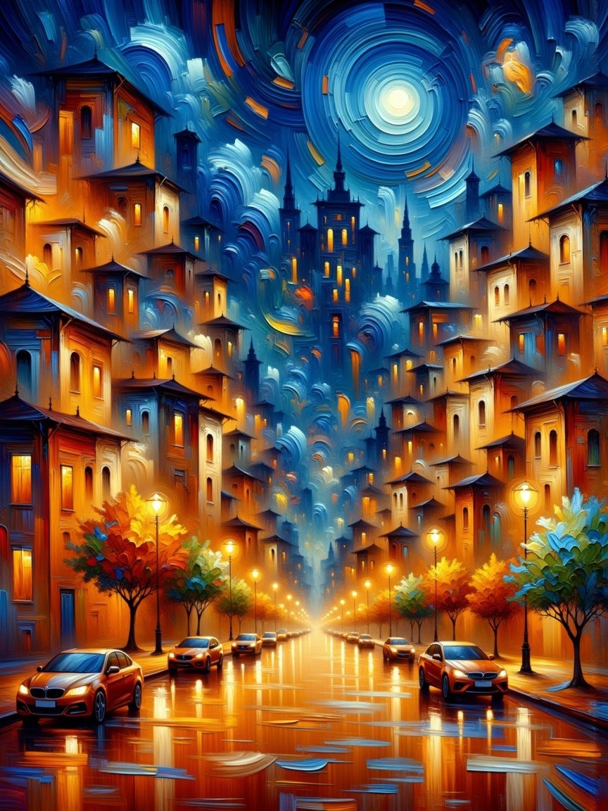 Vibrant Cityscape Under a Dreamlike Night Sky