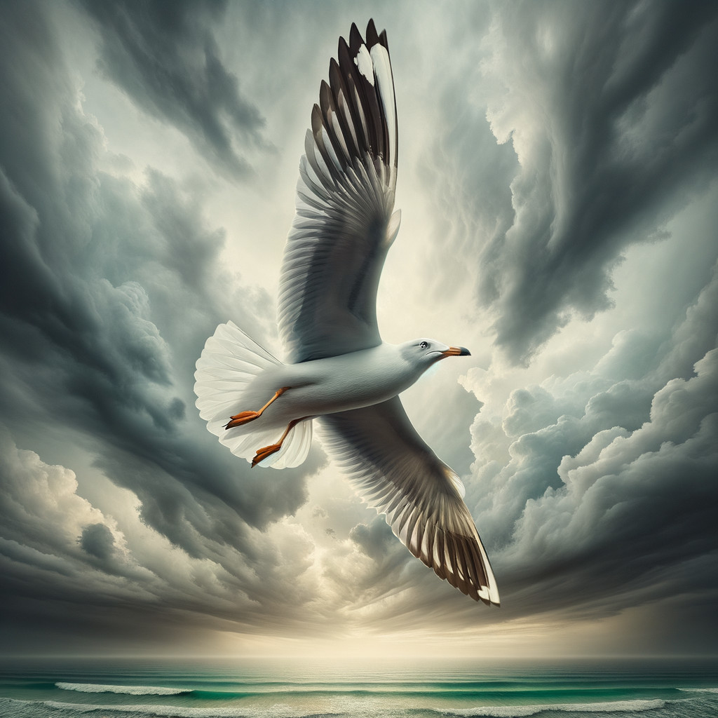 Seagull in Flight Against Dramatic Stormy Sky