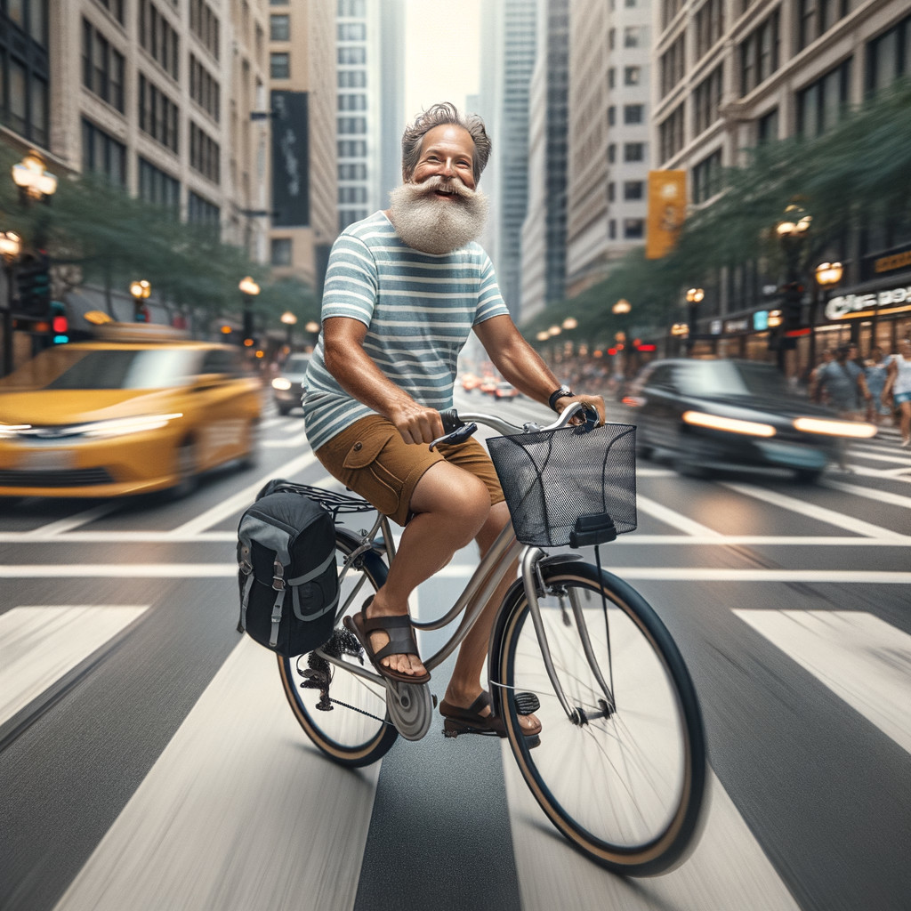 Older man with white beard riding bicycle in city